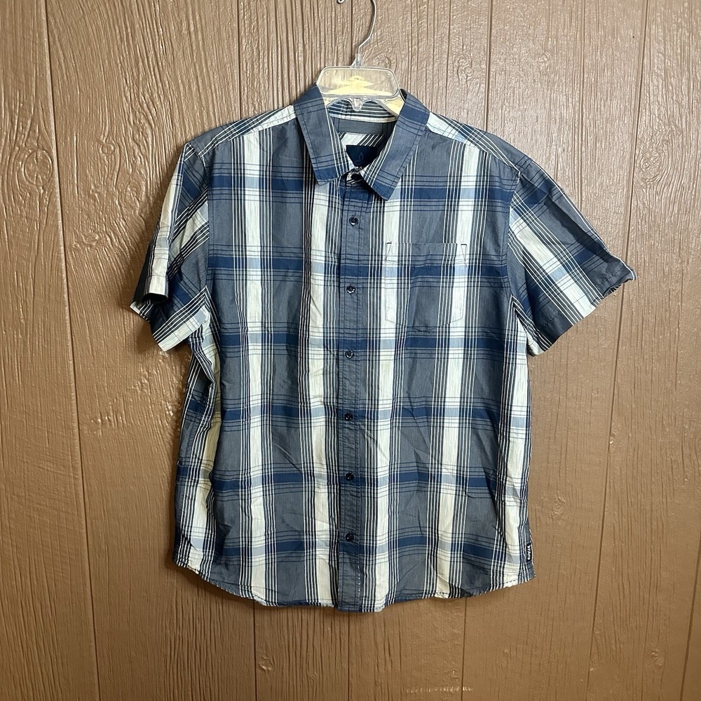 PrAna Shirt Mens Sz L Blue Plaid Outdoor Hiking Camp Organic Cotton Gorpcore